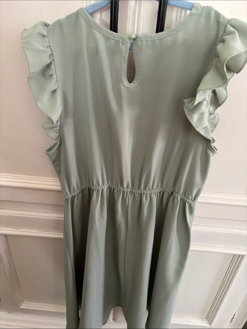 Girls Sage Green Ruffle Sleeve Dress with Embroidered V-Neck